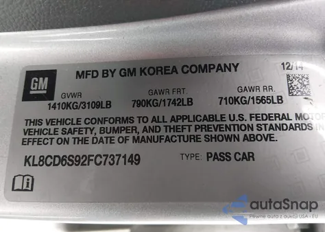 2015 Chevrolet Spark 1Lt Cvt из США, поврежденный, VIN KL8CD6S92FC737149